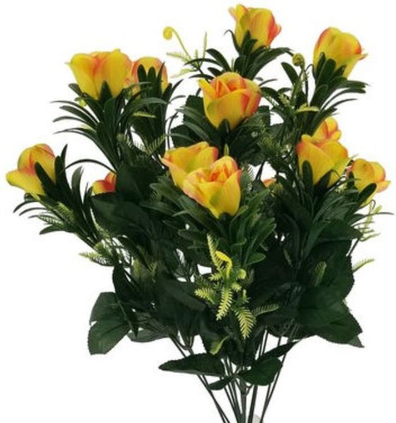Rose Bud Bush with Plastic Greenery x 14 - Orange / Gold SB781529-085
