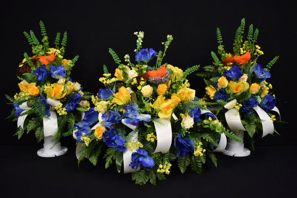 Deluxe Headstone and/or Vase Arrangement Yellow Blue with Bird Nest  - DHV-008