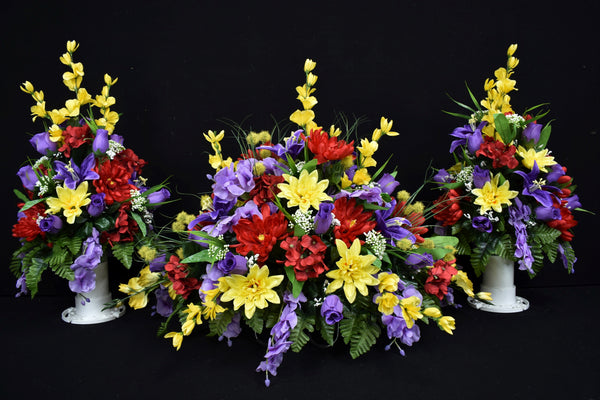 Deluxe Headstone and/or Vase Arrangement Purple Red Yellow - DHV-010