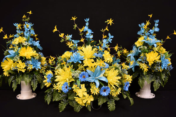 Deluxe Headstone and/or Vase Arrangement Aqua Blue Yellow - DHV-013