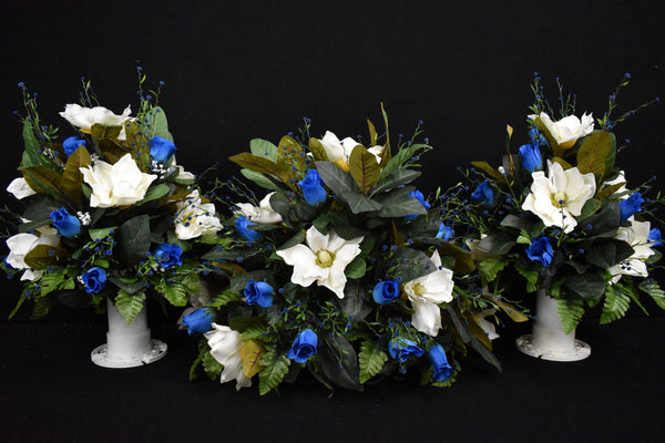 Deluxe Headstone and/or Vase Arrangement White Blue - DHV-026