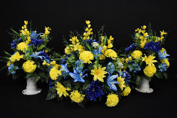 Deluxe Headstone and/or Vase Arrangement Blue Yellow - DHV-038