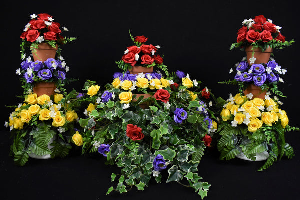 Deluxe Headstone and/or Vase Arrangement Purple Red Yellow Clay Pots - DHV-039