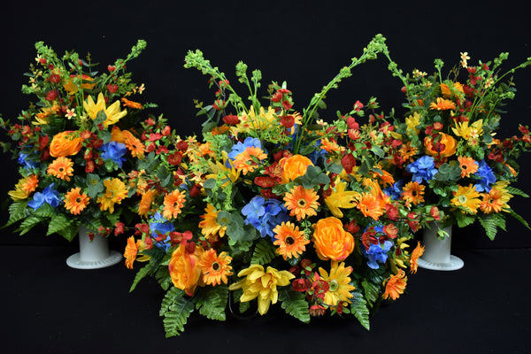 Deluxe Headstone and/or Vase Arrangement Orange Red Yellow Blue - DHV-043