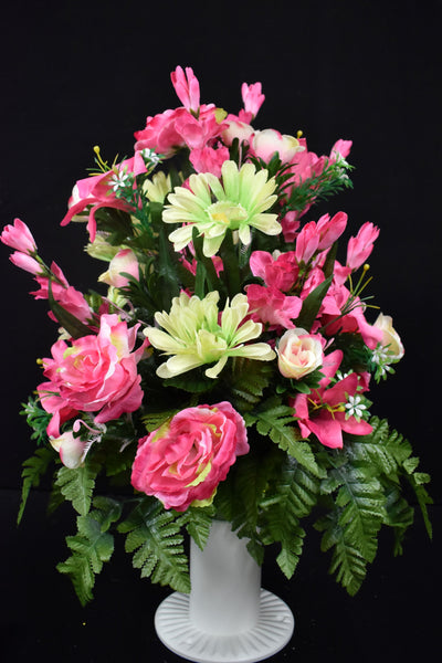 Pink Lime Green Rose Daisy & Fillers Designer Made Vase Arrangement - V-200
