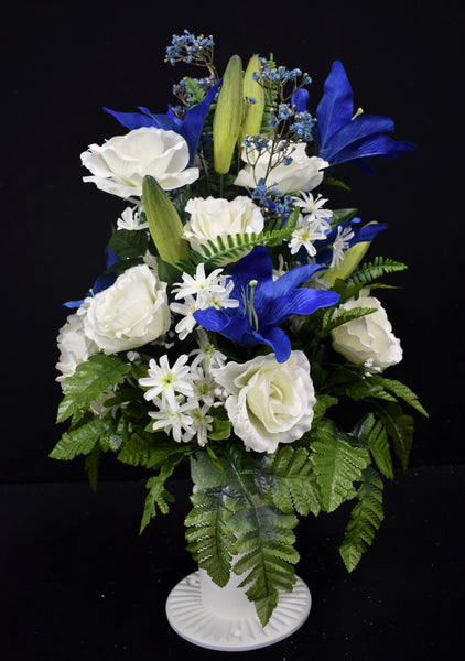 Blue White Lily Rose & Fillers Designer Made Vase Arrangement - V- 201