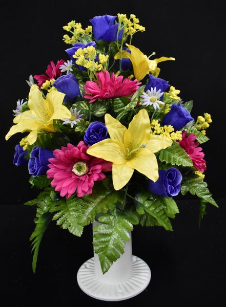 Dark Pink Yellow Blue Lily Daisy Rose & Fillers Designer Made Vase Arrangement - V-202