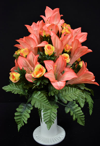 Peach Flame Yellow Trumpet Lily Rose & Fillers Designer Made Vase Arrangement - V-206