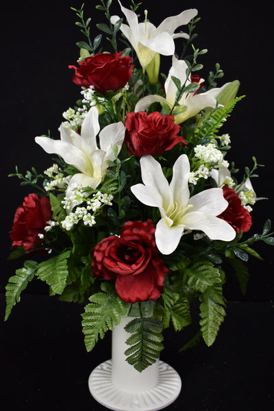 Red White Lily Rose & Fillers Designer Made Vase Arrangement - V-213
