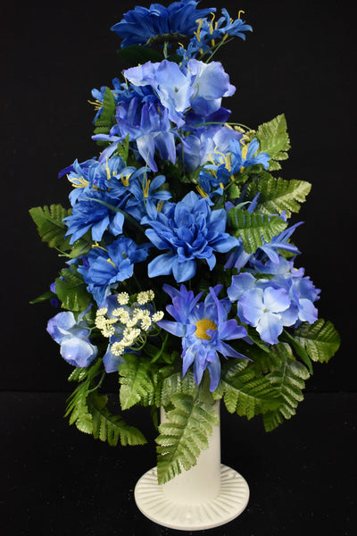 Blue Cream Dahlia Daisy Hydrangea & Fillers Designer Made Vase Arrangement - V-221