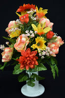 Peach Orange Yellow Dahlia Peony Rose & Fillers Designer Made Vase Arrangement - V-222