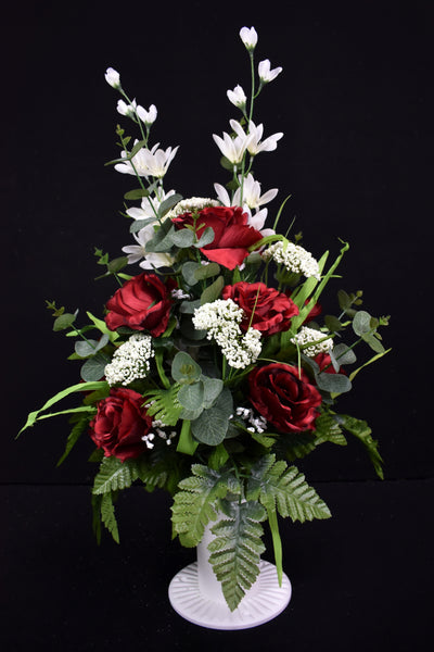 Red White Rose Eucalyptus Queen Anne's Lace Tweedia & Fillers Designer Made Vase Arrangement - V-224
