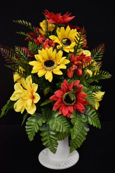 Yellow Orange Burgundy Sunflower & Fillers Designer Made Vase Arrangement - V-225