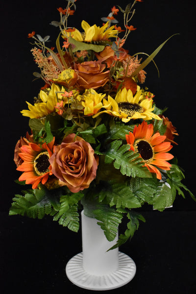 Orange Yellow Brown Sunflower Rose & Fillers Designer Made Vase Arrangement - V-229