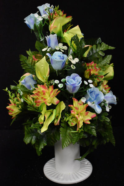 Baby Blue Lime Green Rose Lily Pineapple Flower & Fillers Designer Made Vase Arrangement - V-232
