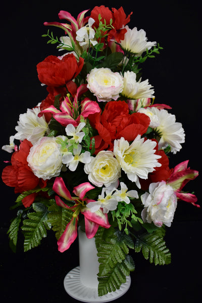 Red White Peony Daisy Lily & Fillers Designer Made Vase Arrangement - V-235