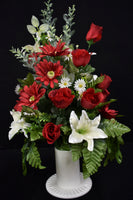 Red White Rose Lily Daisy & Fillers Designer Made Vase Arrangement - V-236