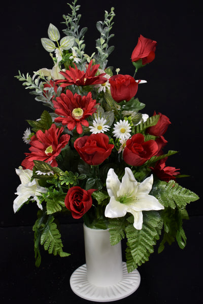 Red White Rose Lily Daisy & Fillers Designer Made Vase Arrangement - V-236