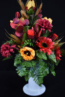 Burgundy Yellow Sunflower Rose Mum & Fillers Designer Made Vase Arrangement - V-238