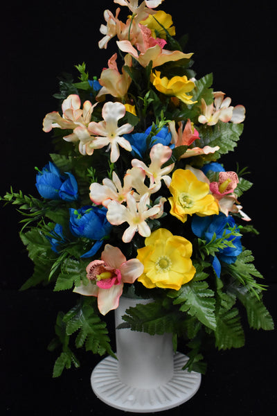 Blue Yellow Peach Orchid Poppy & Fillers Designer Made Vase Arrangement - V-239
