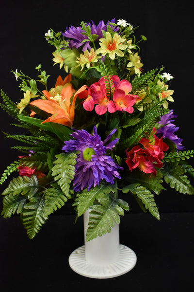 Purple Orange Dark Pink Lime Green Fiji Mum Hydrangea Lily & Fillers Designer Made Vase Arrangement - V-248