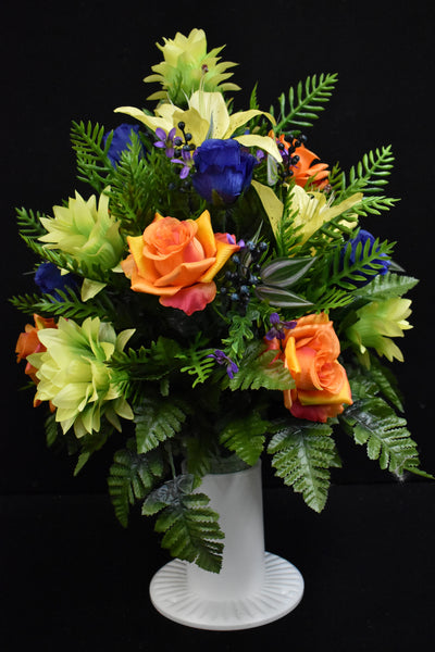 Orange Blue Lime Green Roses Pineapple Flower & Fillers Designer Made Vase Arrangement - V-246